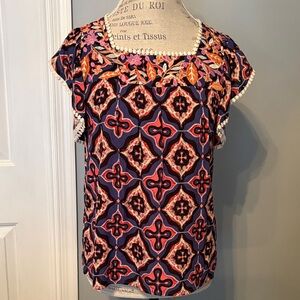 THML Navy Blue Floral & Coral Embroidered Women's Blouse